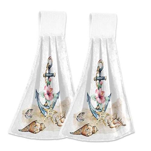 2 Pack Unique Seashells Floral Anchor Hanging Kitchen Towel with Loop Summer