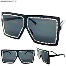 Oversized Classy Elegant Retro Shield SUN GLASSES Bling Square Frame Dark Lens