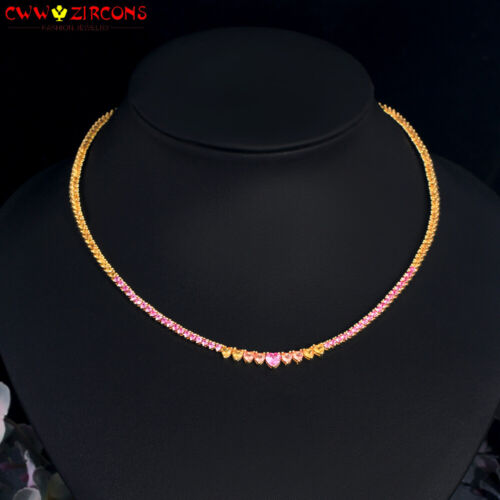 Boho Pink Red Yellow Gold Plated CZ Heart Tennis Chain Necklace for Women Party - Picture 1 of 9