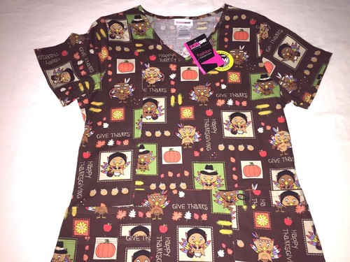 X - Small Thanksgiving - Turkey Day Holiday Fall Scrub Top Nurse Medical Dental - Picture 2 of 4