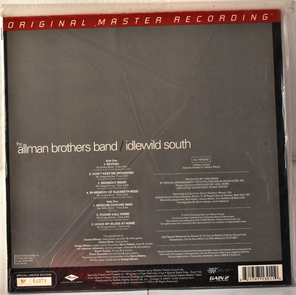 AUDIOPHILE MOBILE FIDELITY  MFSL301 ALLMAN BROTHERS Idlewild South 180g #1379 SS - Image 2 of 2