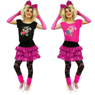 80's RARA TSHIRT GLOVES LEG WARMERS 80S FANCY DRESS SET NEON PIECE LADIES 