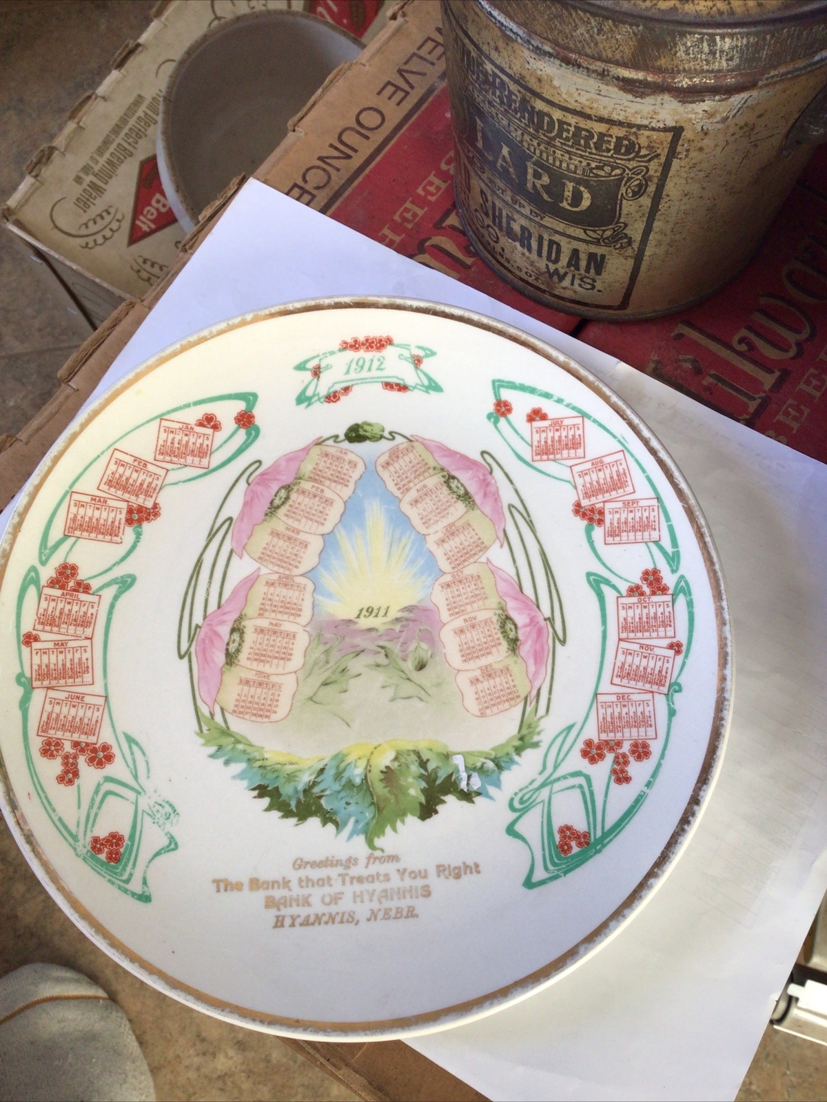 8.5” DIA. HYANNIS NEBRASKA Calendar plate BANK 1911 NE NEBR GREETINGS