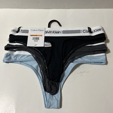 3 New Calvin Klein Mid RiseTHONG Panties Cotton Blend 3pk Black Gray Blue. New