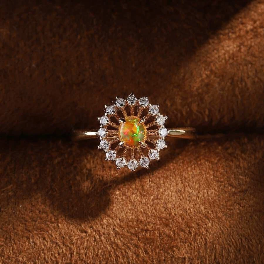 The Sunshine Mexican Fire Opal Halo Diamond Engagement Ring 18K Yellow Gold