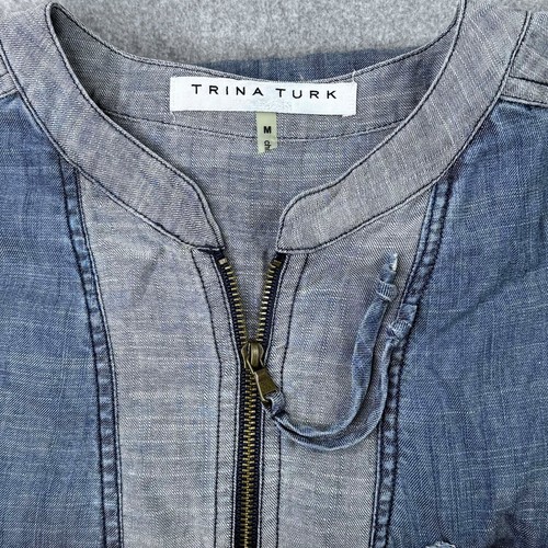 Blusa Trina Turk Talla Mediana Top Indigo Kaiko 2 Denim Cambray Mezcla de Lino - Imagen 6 de 6