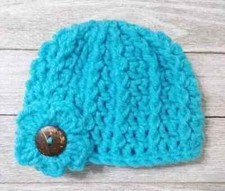 crochet handmade baby flower beanie preemie hat button bright blue 1pc