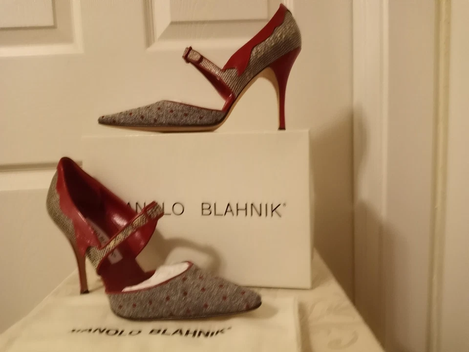 Manolo Blahnik Nuevo en Caja con Bolsa para el Polvo Tela Roja/Negro Tweed Grigio y Bomba Lagarto Talla 41 Foto 2 de 4