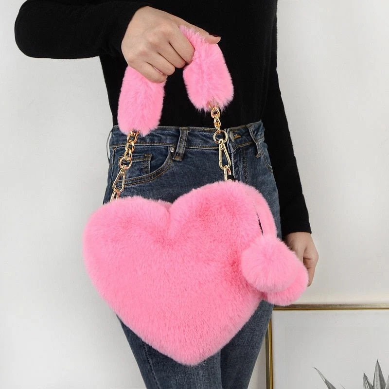 Pink Faux Fur Heart Crossbody Bag