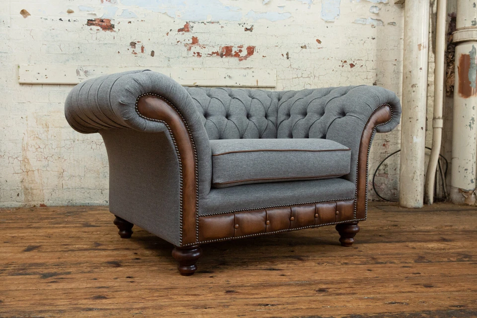 RUSTIC HANDMADE 1.5 SEATER GREY HERRINGBONE WOOL CHESTERFIELD CHAIR - & LEATHER