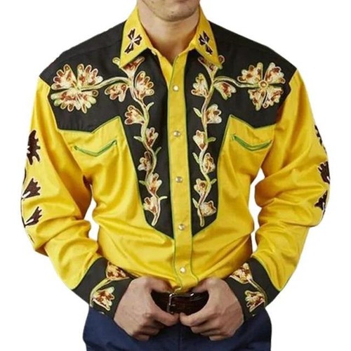 Floral Luxury Men Western Cowboy Long Sleeve Button Up Shirt Mexican Dress - Picture 14 of 15