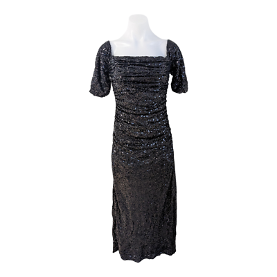 Badgley Mischka Size 6 Off Shoulder Ruched Sequin Gown Sheath Dress Black