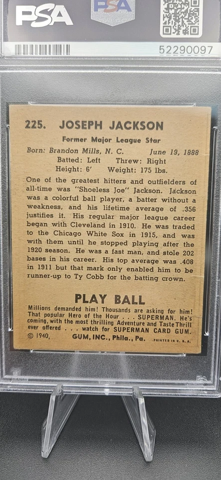 Joe Jackson 1940 Play Ball # 225 PSA PR 1 muy bonita tarjeta Foto 2 de 4