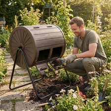 37.5 Gallon Compost Tumbler With Dual Chambers 2 Lockable Doors