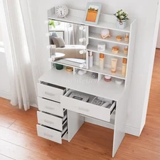 Vanity Desk Set + LED Lights Mirror & 5 Drawers Makeup Dressing Table Dresser