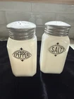 Vintage Hazel Atlas White Milk Glass Square Salt & Pepper Shakers w/ Metal
