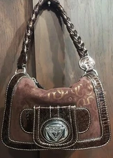 Vintage GUESS flap Crossbody Handbag Brown Logo Medium Silver & Gold accents