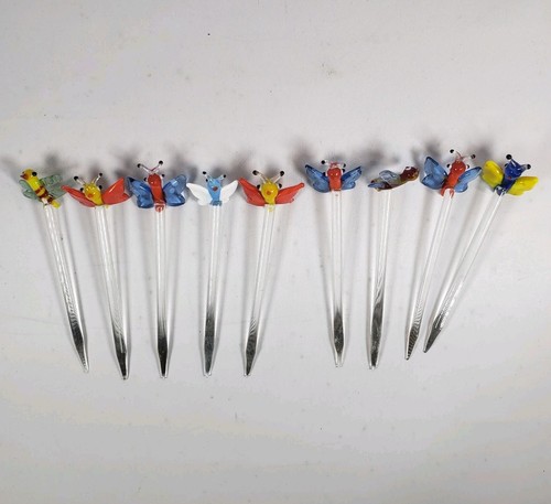 Glass VTG Appetizer Picks Cocktail Martini Butterflies & Dragonflies Set Of 9