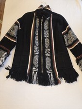 Handmade Black Poncho coat w/ Geometric Pattern & Fringe, M/L