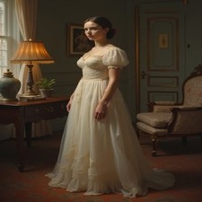 Vintage Regency Era Ball Gown Ivory Lace Puff Sleeve Tulle Historical Dress