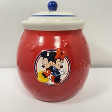 Disney - Mickey and Minnie Mouse Red White Blue Ceramic Cookie Jar White Lid