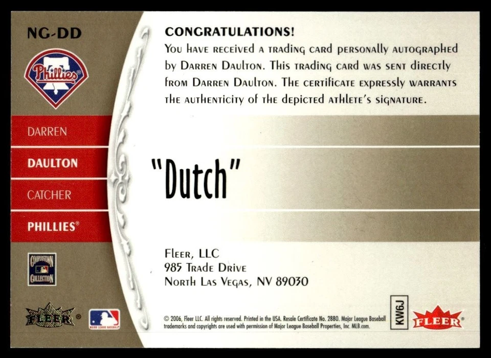 2006 Fleer Greats of the Game Nickname Autographs Darren Daulton Auto - Image 2 of 2