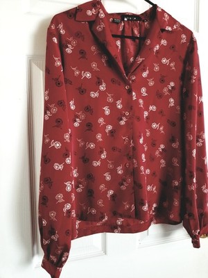 Halston Womens Deep Red Flower Print Tailored Polyester Button Blouse Sz 14 EC