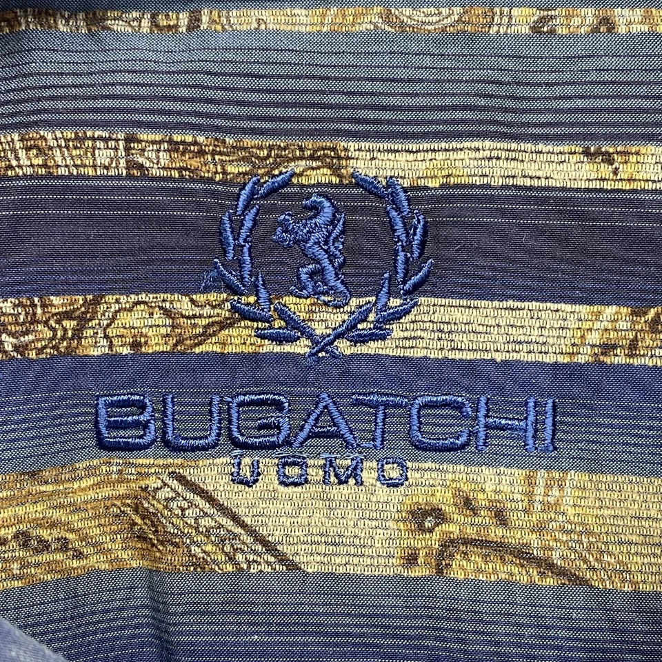 Bugatchi Uomo Shirt Mens Large Blue Gold Stripe Paisley Shaped Fit Button Down - Image 3 of 4