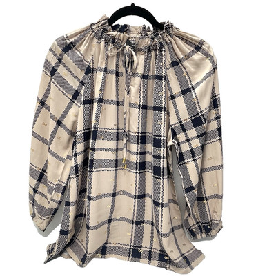 Harve Benard Women's M Tan Plaid Long sleeve Tie Neck Gold Accents Top Blouse