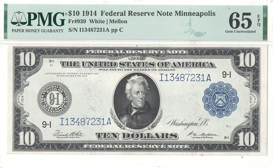1914 $10 Federal Reserve Note Fr-939 PMG Gem-65 EPQ - Image 2 of 3