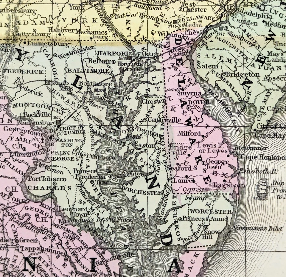 1852 Map  NORTH CAROLINA  VIRGINIA  NEW JERSEY  PENNSYLVANIA Original (17x10) - Image 4 of 4