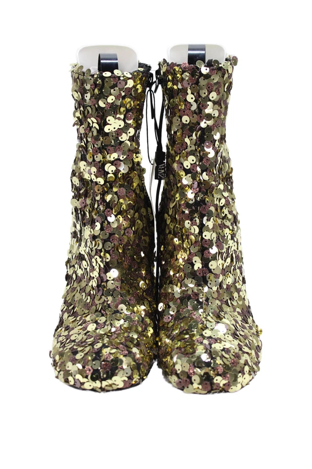 Zara Mujer Lentejuelas Cremallera Tacones Altos Botines Zapatos Dorado Negro Talla 6 Foto 2 de 4