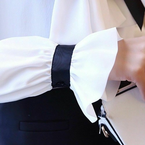 Women Girl Chiffon Shirt Slim Ruffle Stand Collar Long Sleeve Top Blouse Vintage - Picture 10 of 10