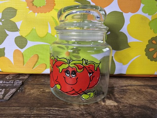 Vintage 1970’s Hildi Happy Tomatoes Glas Kanister Glas mit Deckel 5 1/2” hoch - Bild 2 von 4