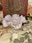 VINTAGE MCM FENTON PALE PINK MILKY GLASS SILVER CREST RUFFLED BOWL!