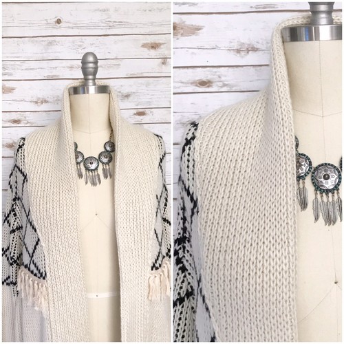 BLACK COLLECTION Knit Sweater Tribal Bohemian Fringe Oversized Cream Black SZ S - Picture 6 of 12