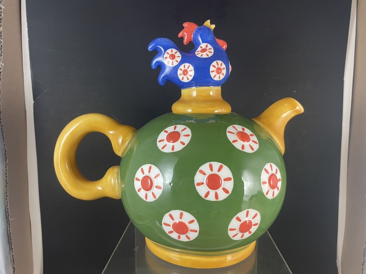 Clay Art Teapot Chicken Rooster Sun Red Green HTF Serving Pot