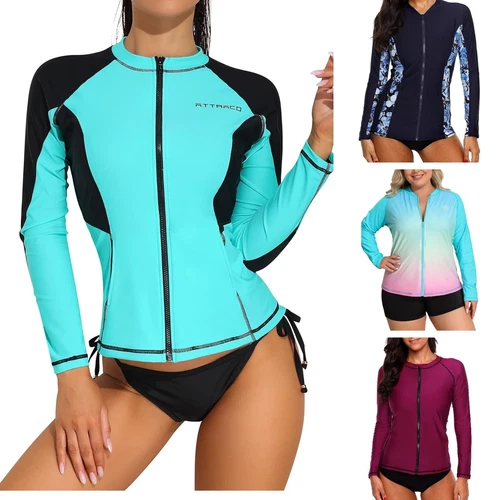 Women's Long Sleeve Rash Vest – Zipper Front, UPF 50+ Sun Protection Swim Shirt
