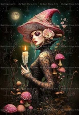 MUSHROOM WITCH FANTASY ART PRINT, Gothic Enchanted Forest Poster, Witchy E150