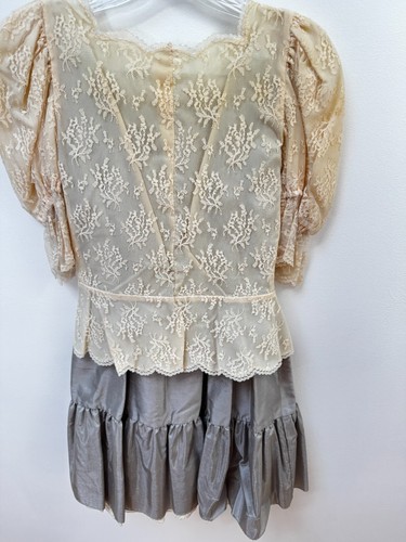 Charles Glueck VTG Girl Formal Dress SZ 4 100% Silk Lace Top Short Sleeve Button - Picture 5 of 11