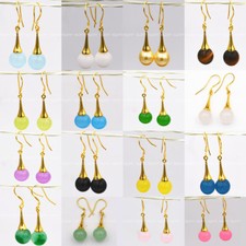 Natural 10mm Multicolor Jade Round Gemstone Gold plated Hook Dangle Earrings