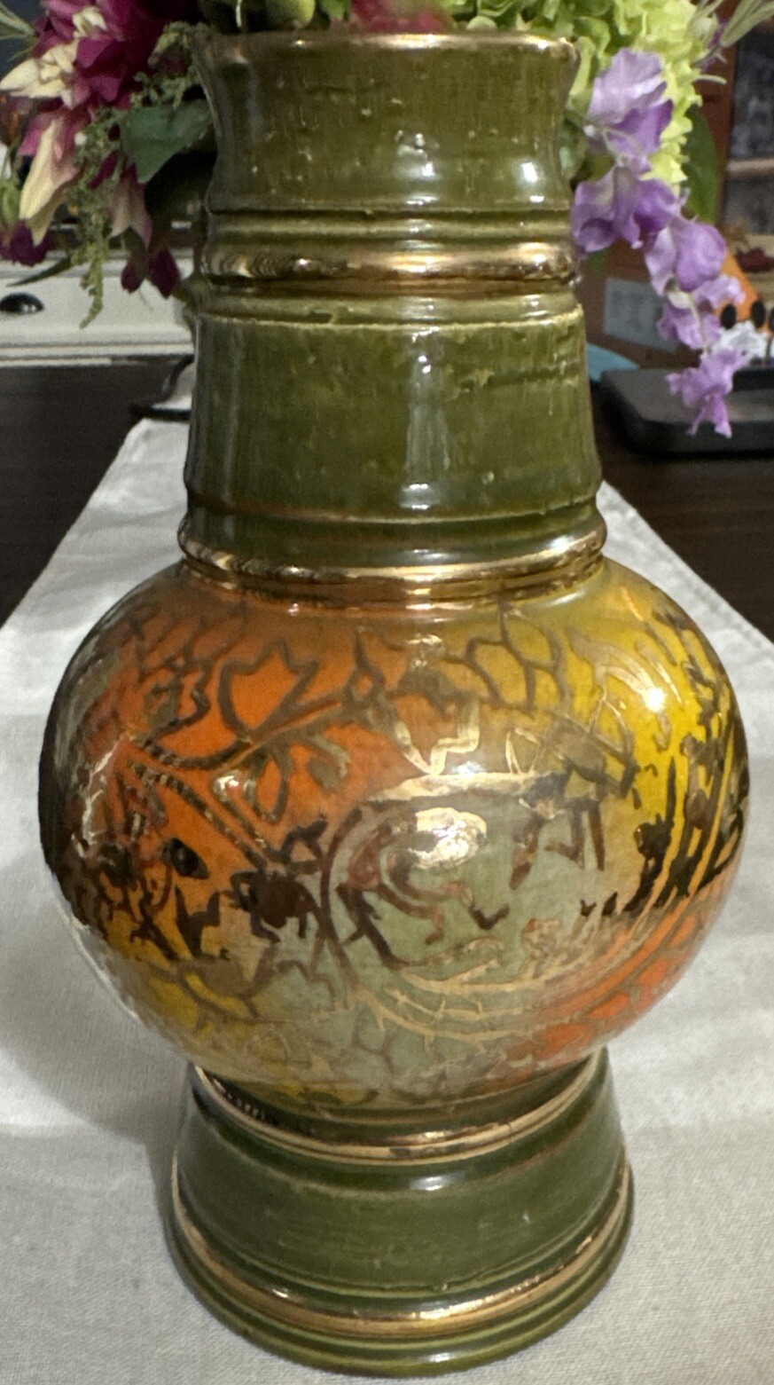 MCM Bitossi Rosenthal Netter Vase, Green, Yellow, Orange with gold detail