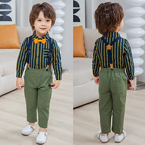 Toddler Boy Clothing Sets Plaid Shirt Bowtie and Suspender Strap Pants Outfits - Picture 2 of 5
