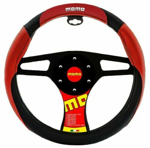  Steering Wheel Cover MOMO Red Black Car Leather Size M 14.5" - 15.5"