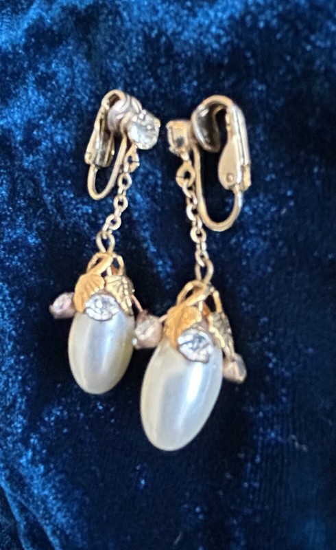 Exquisite Vintage French Dangle Faux Pearl and Rhinestone Drop Earrings