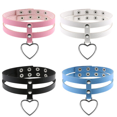 Women Two-layers PU Leather Choker Necklace Heart Ring Collar Belt  Adjustable