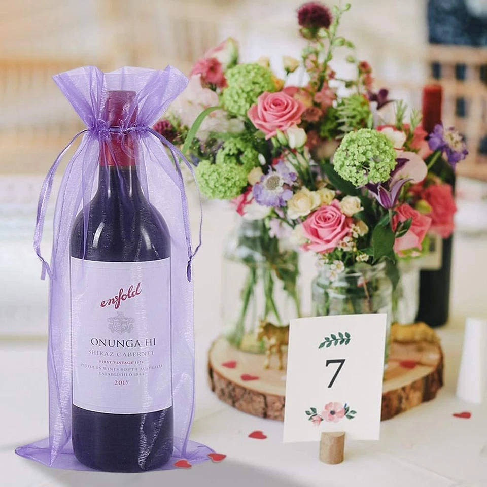 10/30x Organza Wine Bags, Sheer Mesh Bottle Gift Pouches Wine Covers Dresses UK - Image 2 of 4