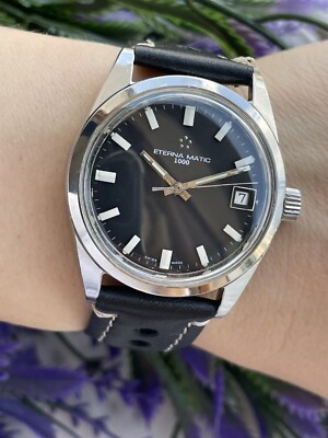 ETERNA MATIC 1000 自動巻き 手巻付 デイト シルバー 腕時計 Eterna-Matic 1000 5 Star Men's Vintage Silver Tone w/ Blue Dial