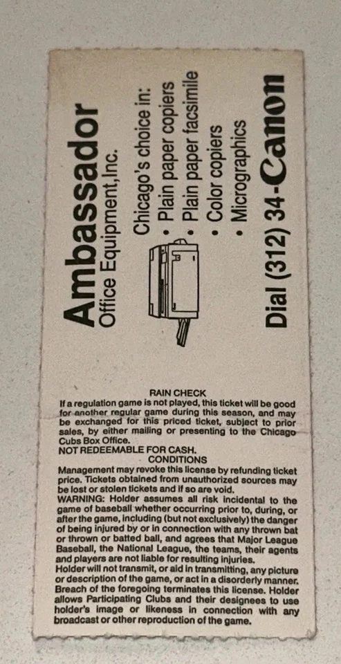 Boleto de los Astros Cachorros MLB Greg Maddux Win Dawson HR Game 5/1/1991 Foto 2 de 2