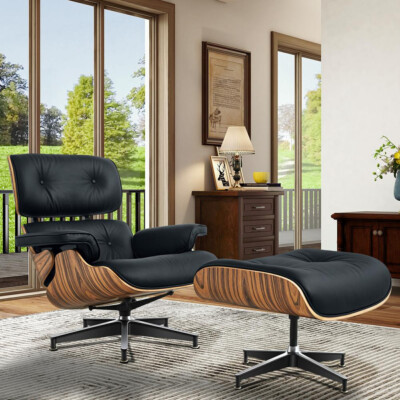 Palisander Black eames-style Lounge Chair Armchair and Ottoman Genuine Leather